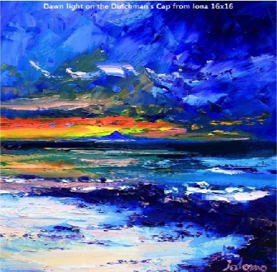 Dawn light on the Dutchman's Cap from Iona 16x16  SOLD